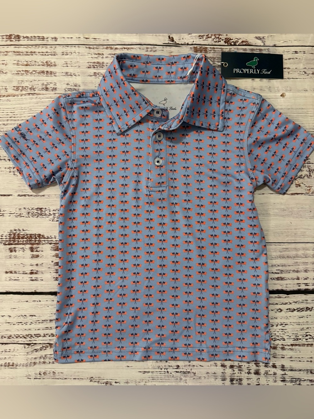NWT Properly Tied Polo Shirt Blue Flags Patriotic Performance 2T